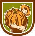 Organic Farmer Holding Pumpkin Shield Retro