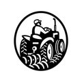 Organic Farmer Plowing Field With Vintage Tractor Oval Retro Monochrome