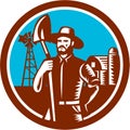 Organic Farmer Shovel Windmill Woodcut Retro Royalty Free Stock Photo