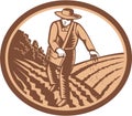 Organic Farmer Sowing Seed Woodcut Retro