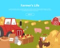 Organic farming and agribusiness banners with cartoon farm equipment, food and animals vector illustration. Tractor