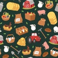 Organic farming and agribusiness seamless pattern with cartoon farm equipment, food and animals vector illustration