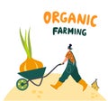 Organic farming. Agricultural workers planting and gathering crops, farmer cart, farmhouse.