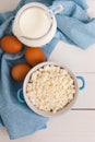 Organic farming cottage cheese in a blue bowl, eggs and milk Royalty Free Stock Photo