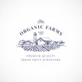 The Organic Farms Abstract Vector Sign, Symbol or Logo Template. Elegant Farm Landscape Drawing Sketch with Classy Retro