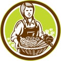 Organic Female Farmer Farm Produce Harvest Woodcut