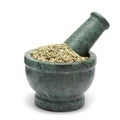 Organic Fennel seed (Foeniculum Vulgare) on marble pestle. Royalty Free Stock Photo