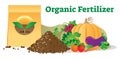Organic fertilizer conceptual vector illustration with package, leafs, soil and vegetables. Ecological agriculture farming.