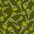 Organic floral seamless pattern with random yarrow elements. Green background. Nature backdrop Royalty Free Stock Photo