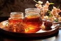 Organic flower honey in a glass jar on the table