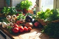 Organic food background. Fresh farmers market produce on a kitchen table. Generative AI