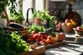 Organic food background. Fresh farmers market produce on a kitchen table. Generative AI