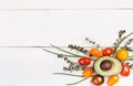 Organic food background. Studio photo of different fruits and vegetables on white wooden table. High resolution product. Royalty Free Stock Photo