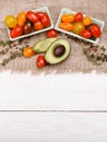 Organic food background. Studio photo of different fruits and vegetables on white wooden table. High resolution product. Royalty Free Stock Photo