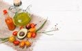 Organic food background. Studio photo of different fruits and vegetables on white wooden table. High resolution product. Royalty Free Stock Photo