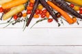 Organic food background. Studio photo of different fruits and vegetables on white wooden table. High resolution product. Royalty Free Stock Photo