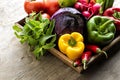 Organic food background Vegetables, Fresh vegetables basket on a wooden table Royalty Free Stock Photo