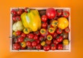 Organic food background Vegetables in the basket. tomatos, pepper, Royalty Free Stock Photo