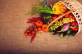 Organic food background vegetables and fruits in the basket. Royalty Free Stock Photo