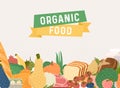 Organic food banner. Colorful cartoon vegetables icons in round isolated on white Royalty Free Stock Photo