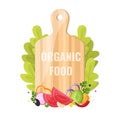 Organic food banner. Natural vegetables with cutting board.