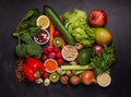 Organic food on a black background. Fresh vegetables, fruits,cereals and legumes.Vegan and vegetarian concept.Top view