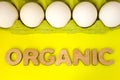 Organic food - chicken egg concept photo. Chicken eggs in green cardboard packaging are on a yellow background with the word organ