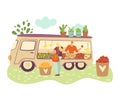 Organic food farmer truck, farmers with harvest of vegetables, fruits and woman buys isolated on white cartoon vector