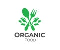 Organic food, fork and spoon with leaves, logo design. Restaurant, catering, bistro and fast food, vector design