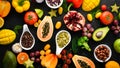 Organic food. Fruits, vegetables, beans and nuts on a black stone background. Top view. Royalty Free Stock Photo