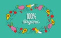Organic food greeting card vegetables and fruit background