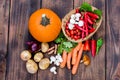 Organic food. Harvest of fresh vegetables.Autumn vegetables on a wooden table. Pumpkin season Royalty Free Stock Photo