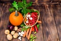 Organic food. Harvest of fresh vegetables.Autumn vegetables on a wooden table. Pumpkin season Royalty Free Stock Photo