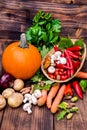 Organic food. Harvest of fresh vegetables.Autumn vegetables on a wooden table. Pumpkin season Royalty Free Stock Photo