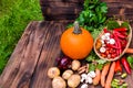 Organic food. Harvest of fresh vegetables.Autumn vegetables on a wooden table. Pumpkin season Royalty Free Stock Photo