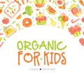 Organic food for kids banner. Healthy tasty dishes and desserts poster, card, invitation, flyer, cover, placard