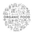 Organic food label for farmer market with agriculture line icons. Round logo with farm fresh eco products, barns and Royalty Free Stock Photo