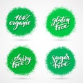 Organic food label. Healhty product element green labels or stickers. Free from gluten, dairy and sugar food label set.