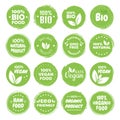 Organic food labels. Fresh eco vegetarian products, vegan label and healthy foods badges. Veganism logo, vegans diet sticker or Royalty Free Stock Photo