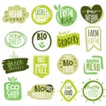 Organic food labels. Natural healthy meal fresh diet products logo stickers. Ecology farm eco food. Vector green premium Royalty Free Stock Photo