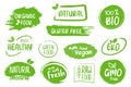 Organic food labels set graphic elements in flat design. Royalty Free Stock Photo