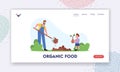 Organic Food Landing Page Template. Farmers or Cottagers Working in Garden. Father Digging Soil, Son Planting Sprout