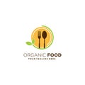 Organic food leaf and spoon fork plate circle logo design