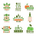 Organic food logo. Eco vegan natural health ingredients for badges or labels vector modern quality symbols