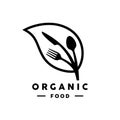 Organic food logo with leaf, fork, knife and spoon icon