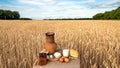 Organic food - milk, bread, eggs, cheese, butter lying on the table, against the background of a wheat field Royalty Free Stock Photo