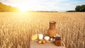 Organic food - milk, bread, eggs, cheese, butter lying on the table, against the background of a wheat field Royalty Free Stock Photo