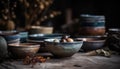 Organic food in rustic earthenware bowls on wooden table indoors generated by AI