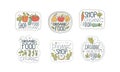 Organic Food Shop Labels Set, Eco Healthy Natural Food Badges, Stickers, Farm Market, Vegetarian Shop Design Hand Drawn Royalty Free Stock Photo