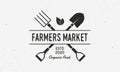 Farmers Market vintage logo. Organic food store logo with shovel and pitchfork. Vector illustration